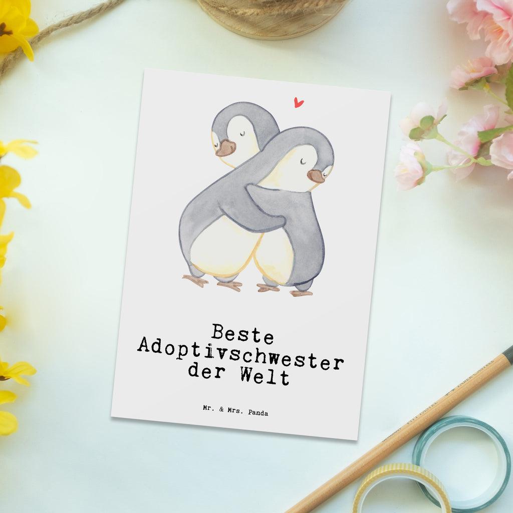 Postkarte Pinguin Beste Adoptivschwester der Welt Postkarte, Karte, Geschenkkarte, Grußkarte, Einladung, Ansichtskarte, Geburtstagskarte, Einladungskarte, Dankeskarte, Ansichtskarten, Einladung Geburtstag, Einladungskarten Geburtstag, für, Dankeschön, Geschenk, Schenken, Geburtstag, Geburtstagsgeschenk, Geschenkidee, Danke, Bedanken, Mitbringsel, Freude machen, Geschenktipp, Adoptivschwester, Adoptiv, adoptiert, Schwester, Geschwister, Schwesterherz, Sister, Familie, Kleinigkeit, Beste, Tochter