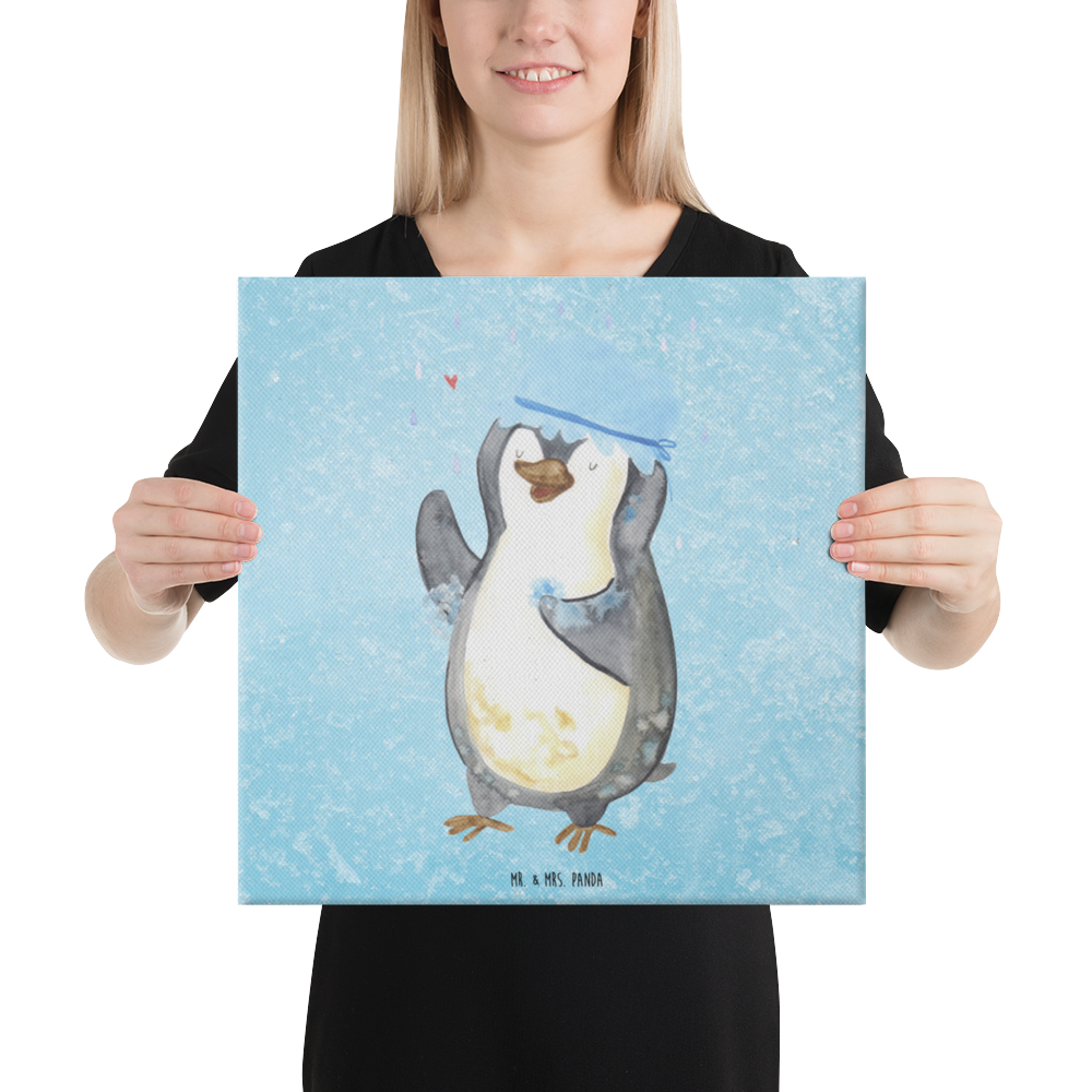 Leinwand Bild Pinguin duscht Leinwand, Bild, Kunstdruck, Wanddeko, Dekoration, Pinguin, Pinguine, Dusche, duschen, Lebensmotto, Motivation, Neustart, Neuanfang, glücklich sein