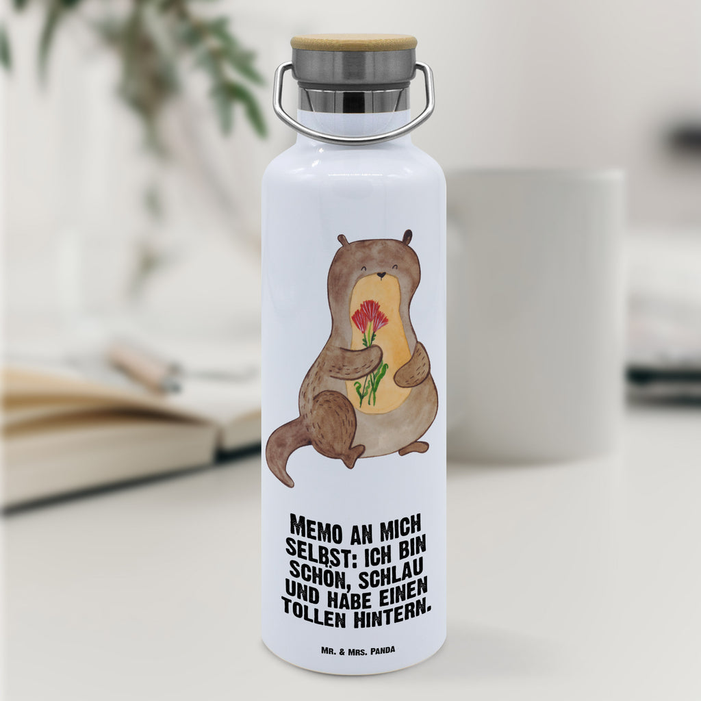 Trinkflasche Otter Blumenstrauß Thermosflasche, Isolierflasche, Edelstahl, Trinkflasche, isoliert, Wamrhaltefunktion, Sportflasche, Flasche zum Sport, Sportlerflasche, Otter, Fischotter, Seeotter, Otter Seeotter See Otter