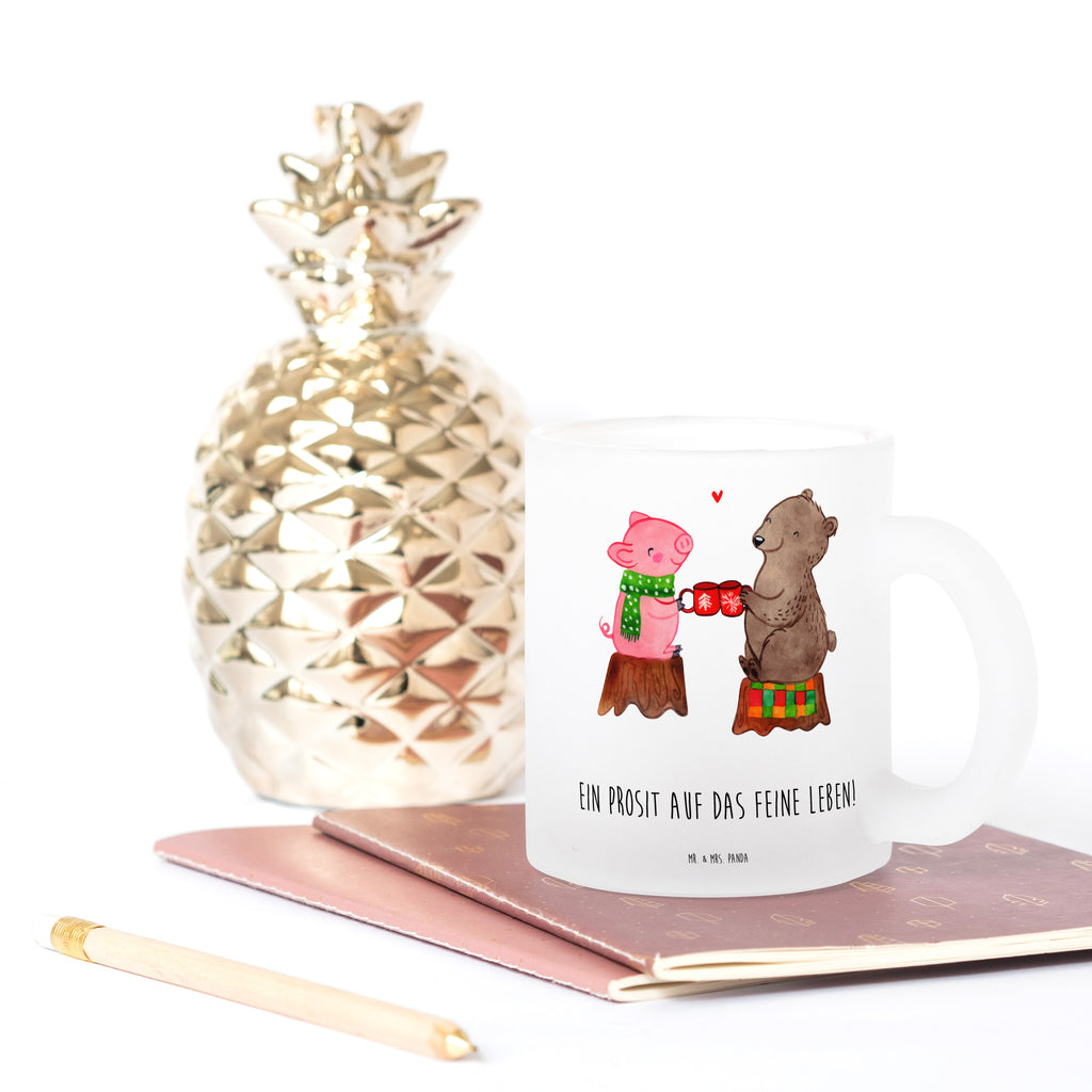 Teetasse Glühschwein Sause Teetasse, Teeglas, Teebecher, Tasse mit Henkel, Tasse, Glas Teetasse, Teetasse aus Glas, Winter, Weihnachten, Weihnachtsdeko, Nikolaus, Advent, Heiligabend, Wintermotiv, Prost, Alles Gute, Weihnachtszeit, Schwein, Bär