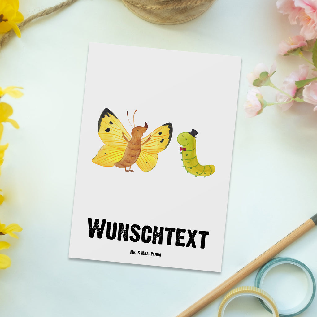 Personalisierte Postkarte Raupe & Schmetterling Postkarte mit Namen, Postkarte bedrucken, Postkarte mit Wunschtext, Postkarte personalisierbar, Geschenkkarte mit Namen, Grußkarte mit Namen, Karte mit Namen, Einladung mit Namen, Ansichtskarte mit Namen, Geschenkkarte mit Wunschtext, Grußkarte mit Wunschtext, Karte mit Wunschtext, Einladung mit Wunschtext, Ansichtskarte mit Wunschtext, Tiermotive, Gute Laune, lustige Sprüche, Tiere, Raupe, Schmetterling, Zitronenfalter, Entwicklung, Erwachsen werden, Kokon, Hut, Hütchen, Schönheit, Aufwachsen