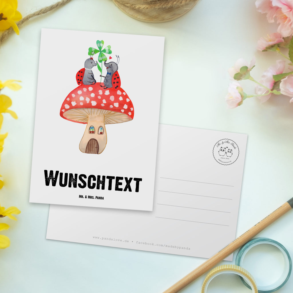 Personalisierte Postkarte Marienkäfer Paar Fliegenpilz Postkarte mit Namen, Postkarte bedrucken, Postkarte mit Wunschtext, Postkarte personalisierbar, Geschenkkarte mit Namen, Grußkarte mit Namen, Karte mit Namen, Einladung mit Namen, Ansichtskarte mit Namen, Geschenkkarte mit Wunschtext, Grußkarte mit Wunschtext, Karte mit Wunschtext, Einladung mit Wunschtext, Ansichtskarte mit Wunschtext, Tiermotive, Gute Laune, lustige Sprüche, Tiere, Haus, Wohnung, zuhause, Fliegenpilz, Marienkäfer, Fleigenpilzhaus