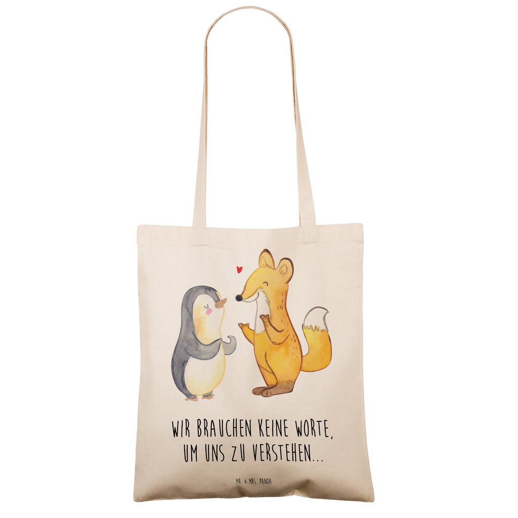 Tragetasche Fuchs & Pinguin gehörlos Beuteltasche, Beutel, Einkaufstasche, Jutebeutel, Stoffbeutel, Tasche, Shopper, Umhängetasche, Strandtasche, Schultertasche, Stofftasche, Tragetasche, Badetasche, Jutetasche, Einkaufstüte, Laptoptasche, Gebärdensprache, gehörlos, Fuchs, Pinguin