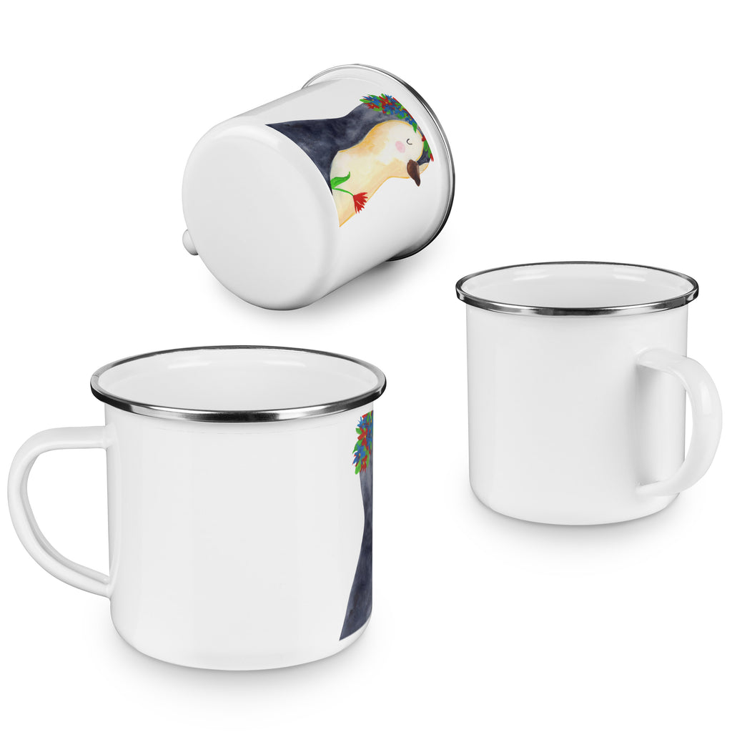 Camping Emaille Tasse Pinguin Blumenkranz Campingtasse, Trinkbecher, Metalltasse, Outdoor Tasse, Emaille Trinkbecher, Blechtasse Outdoor, Emaille Campingbecher, Edelstahl Trinkbecher, Metalltasse für Camping, Kaffee Blechtasse, Camping Tasse Metall, Pinguin, Pinguine, Blumenkranz, Universum, Leben, Wünsche, Ziele, Lebensziele, Motivation, Lebenslust, Liebeskummer, Geschenkidee