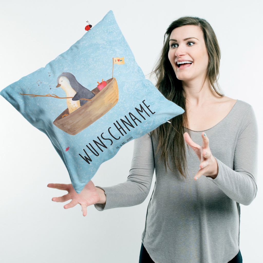 Personalisiertes Kissen Pinguin Angelboot Kissen, personalisiert, Name, Wunschname, bedrucken, Kopfkissen, Pinguin, Pinguine, Angeln, Boot, Angelboot, Lebenslust, Leben, genießen, Motivation, Neustart, Neuanfang, Trennung, Scheidung, Geschenkidee Liebeskummer