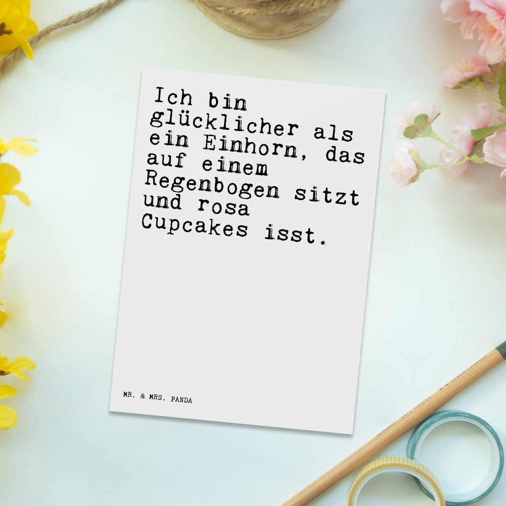 Postkarte Sprüche und Zitate Ich bin glücklicher als ein Einhorn, das auf einem Regenbogen sitzt und rosa Cupcakes isst. Postkarte, Karte, Geschenkkarte, Grußkarte, Einladung, Ansichtskarte, Geburtstagskarte, Einladungskarte, Dankeskarte, Ansichtskarten, Einladung Geburtstag, Einladungskarten Geburtstag, Spruch, Sprüche, lustige Sprüche, Weisheiten, Zitate, Spruch Geschenke, Spruch Sprüche Weisheiten Zitate Lustig Weisheit Worte