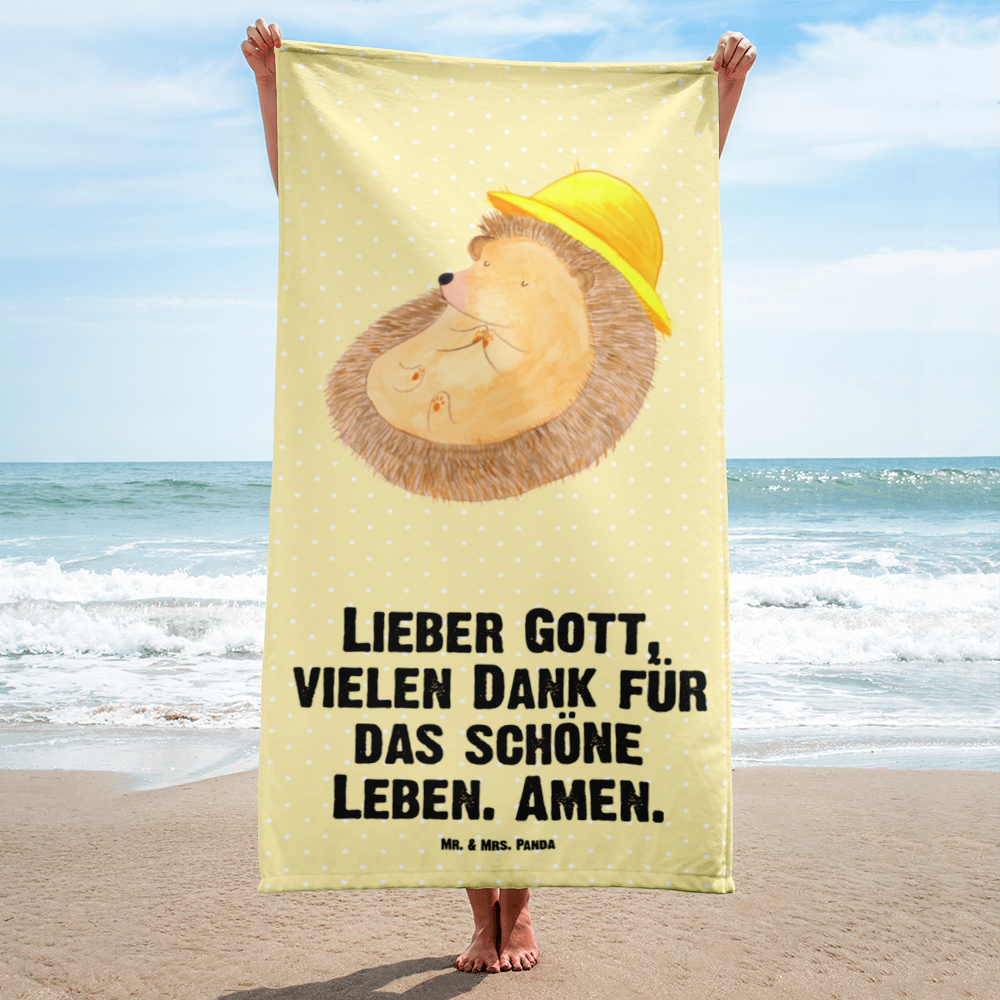 XL Badehandtuch Igel betet Handtuch, Badetuch, Duschtuch, Strandtuch, Saunatuch, Tiermotive, Gute Laune, lustige Sprüche, Tiere, Igel, Igel mit Hut, Sonnenhut, Gott, Amen, beten, Leben, Dankbarkeit, Dankbar sein, dankbar, genießen