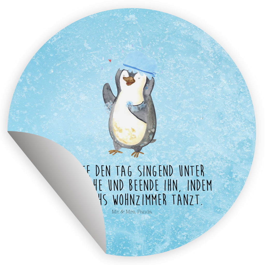 Rund Aufkleber Pinguin duscht Sticker, Aufkleber, Etikett, Pinguin, Pinguine, Dusche, duschen, Lebensmotto, Motivation, Neustart, Neuanfang, glücklich sein