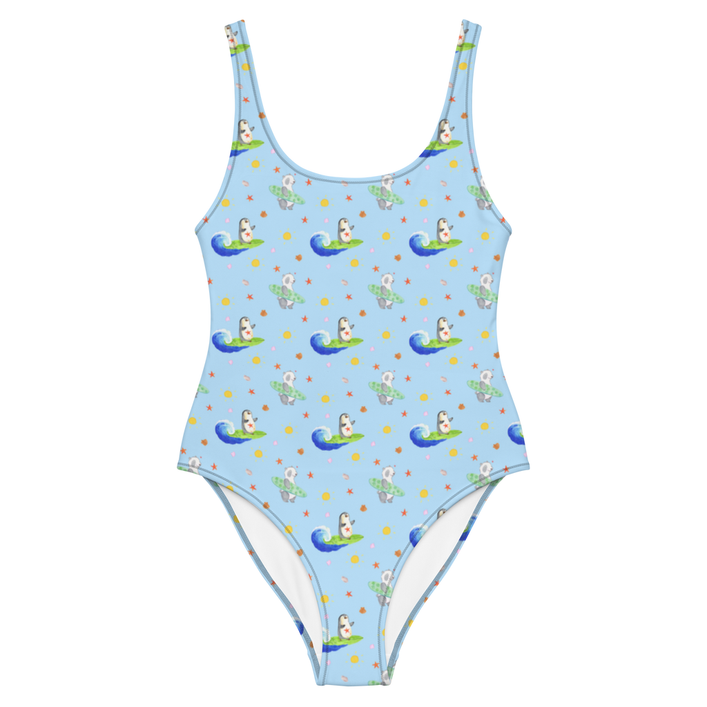 Badeanzug Pinguin Surfer Muster Badebekleidung, Bademode, Badeanzug, Swimsuit, Rückenfreier Badeanzug, Luxus-Bademode, Pinguin, Pinguine, surfen, Surfer, Hawaii, Urlaub, Wellen, Wellen reiten, Portugal