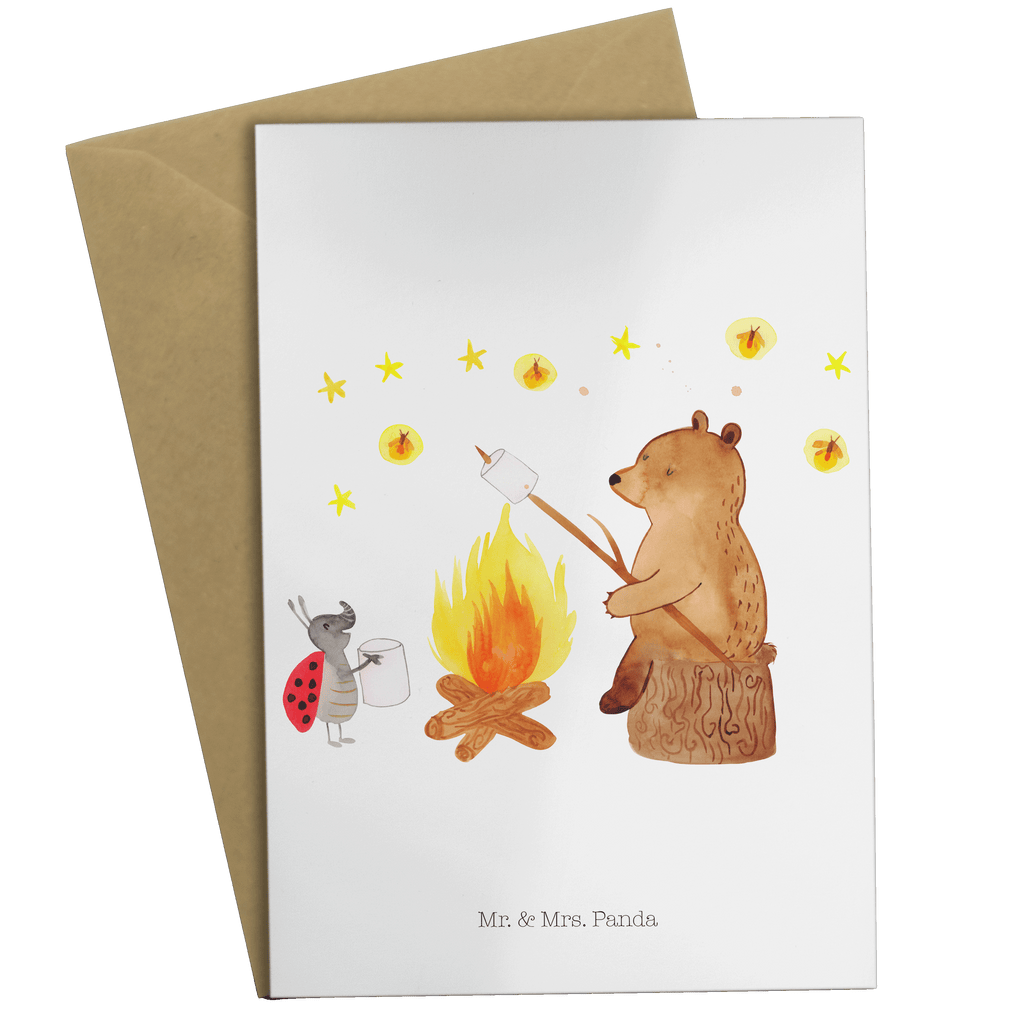 Grußkarte Bär & Marienkäfer Lagerfeuer Grußkarte, Klappkarte, Einladungskarte, Glückwunschkarte, Hochzeitskarte, Geburtstagskarte, Karte, Ansichtskarten, Bär, Teddy, Teddybär, Lagerfeuer