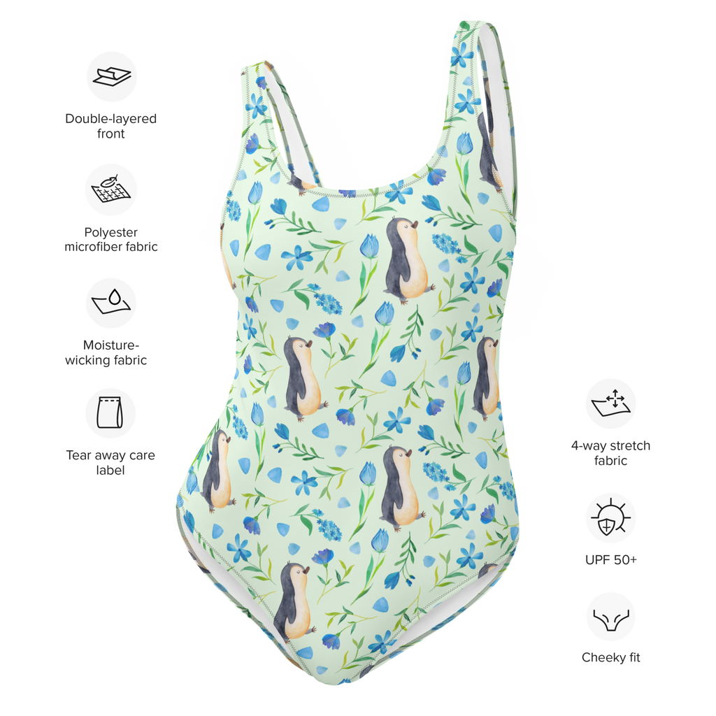 Badeanzug Pinguinliebe Design Badebekleidung, Bademode, Badeanzug, Swimsuit, Rückenfreier Badeanzug, Luxus-Bademode, Aquarell, Pinguin, Pinguine, Blumen, Blaue Blumen, Muster