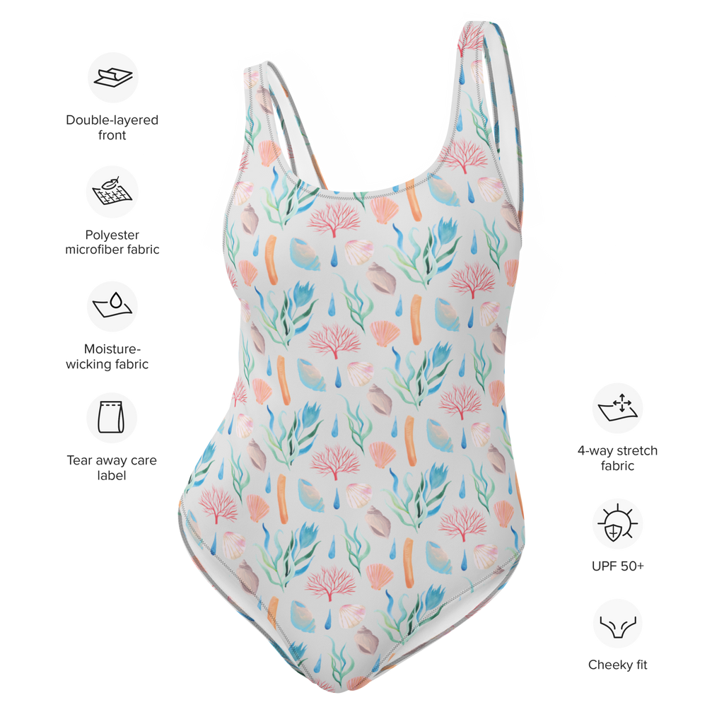 Badeanzug Meeresrauschen Design Badebekleidung, Bademode, Badeanzug, Swimsuit, Rückenfreier Badeanzug, Luxus-Bademode, Strand Motive, Korallen, Meer, Strand, Muscheln, Beach, Muster, maritim