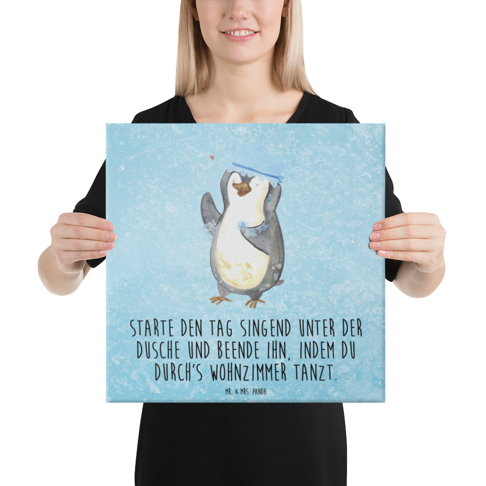 Leinwand Bild Pinguin duscht Leinwand, Bild, Kunstdruck, Wanddeko, Dekoration, Pinguin, Pinguine, Dusche, duschen, Lebensmotto, Motivation, Neustart, Neuanfang, glücklich sein