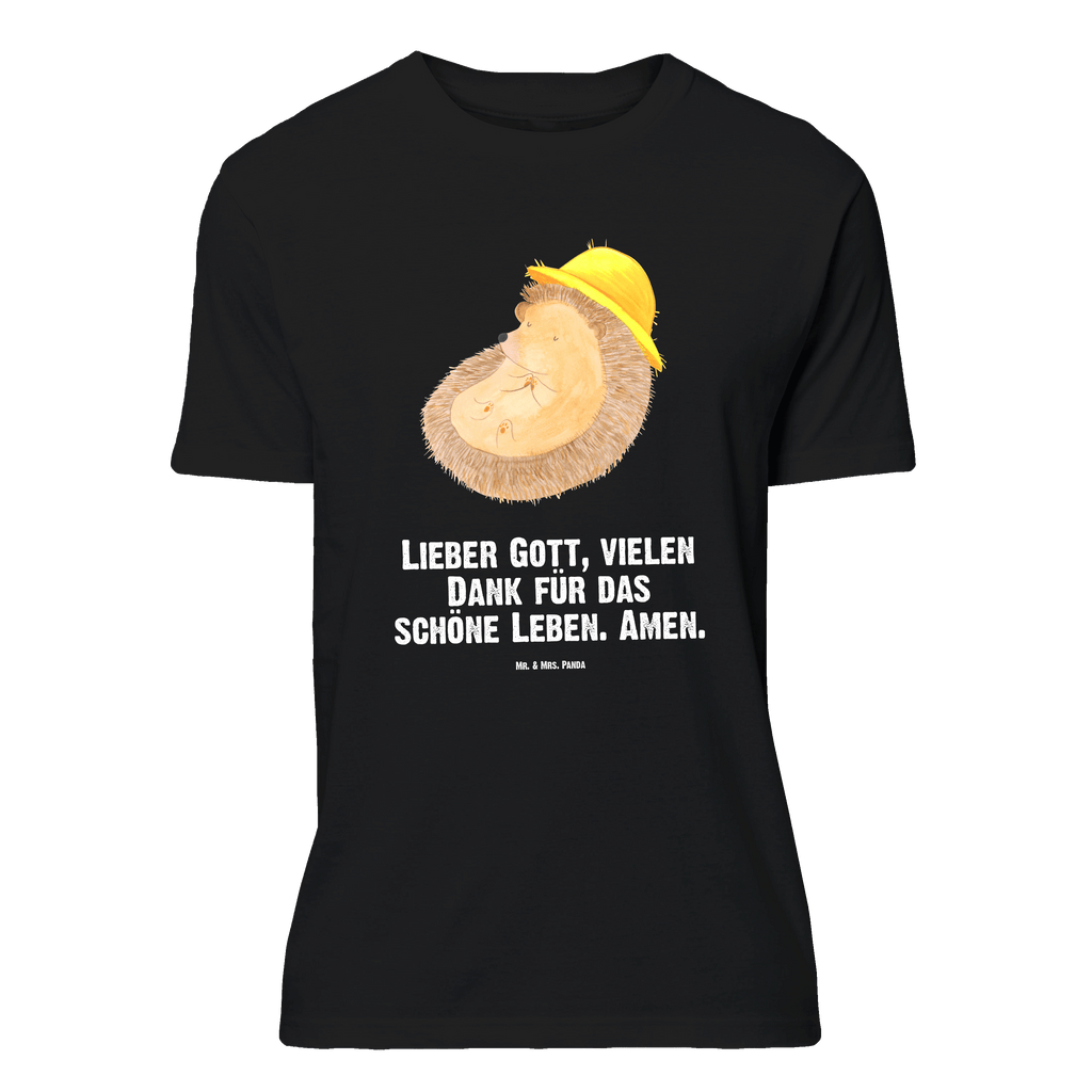 T-Shirt Standard Igel betet T-Shirt, Shirt, Tshirt, Lustiges T-Shirt, T-Shirt mit Spruch, Party, Junggesellenabschied, Jubiläum, Geburstag, Herrn, Damen, Männer, Frauen, Schlafshirt, Nachthemd, Sprüche, Tiermotive, Gute Laune, lustige Sprüche, Tiere, Igel, Igel mit Hut, Sonnenhut, Gott, Amen, beten, Leben, Dankbarkeit, Dankbar sein, dankbar, genießen