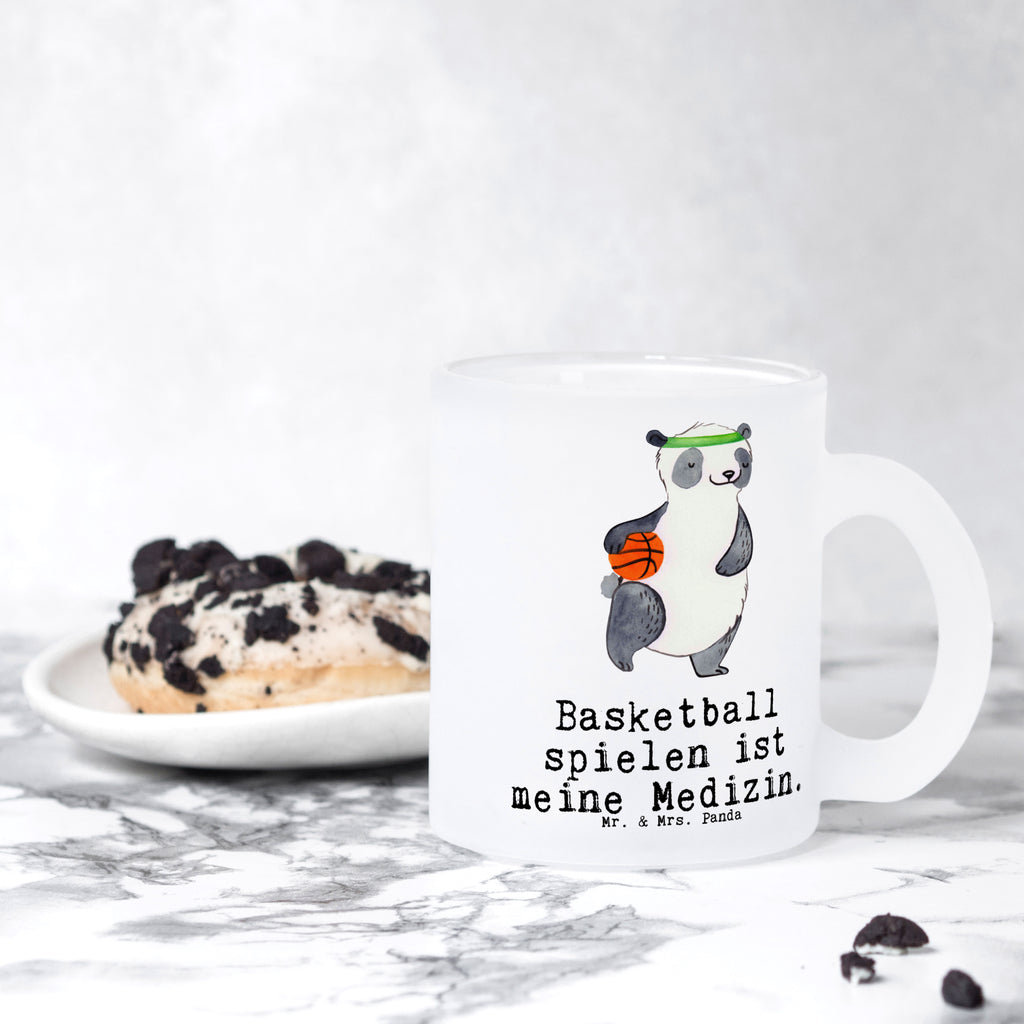 Teetasse Panda Basketball Teetasse, Teeglas, Teebecher, Tasse mit Henkel, Tasse, Glas Teetasse, Teetasse aus Glas, Geschenk, Sport, Sportart, Hobby, Schenken, Danke, Dankeschön, Auszeichnung, Gewinn, Sportler, Basketball, Basketball Verein, Basketball Verband, Basketballplatz