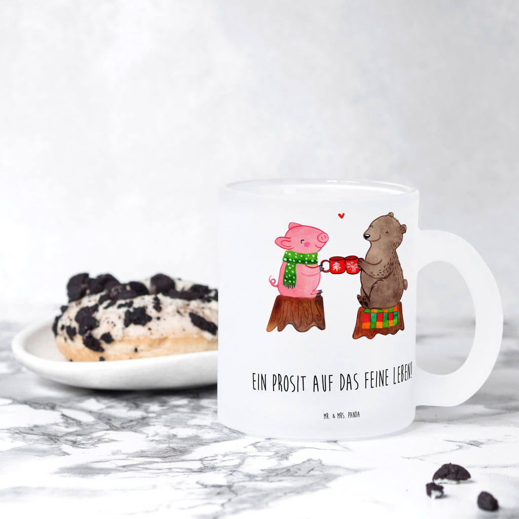 Teetasse Glühschwein Sause Teetasse, Teeglas, Teebecher, Tasse mit Henkel, Tasse, Glas Teetasse, Teetasse aus Glas, Winter, Weihnachten, Weihnachtsdeko, Nikolaus, Advent, Heiligabend, Wintermotiv, Prost, Alles Gute, Weihnachtszeit, Schwein, Bär