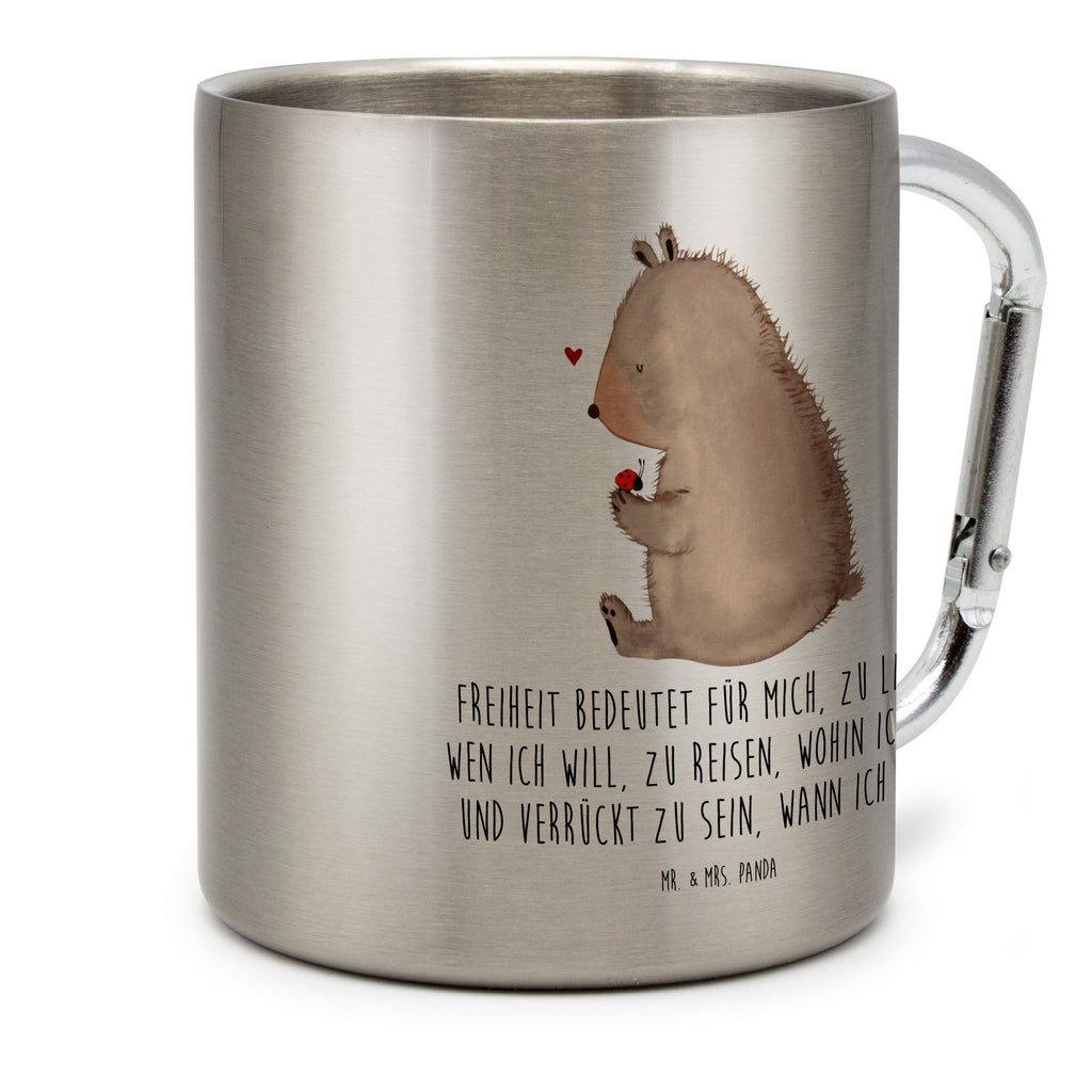 Edelstahlbecher Bär mit Marienkäfer Edelstahltasse, Karabiner, Edelstahlbecher, Outdoor, Camping, Tasse, Becher, Bär, Teddy, Teddybär, Marienkäfer, Liebe, Freiheit, Motivation, Das Leben ist schön