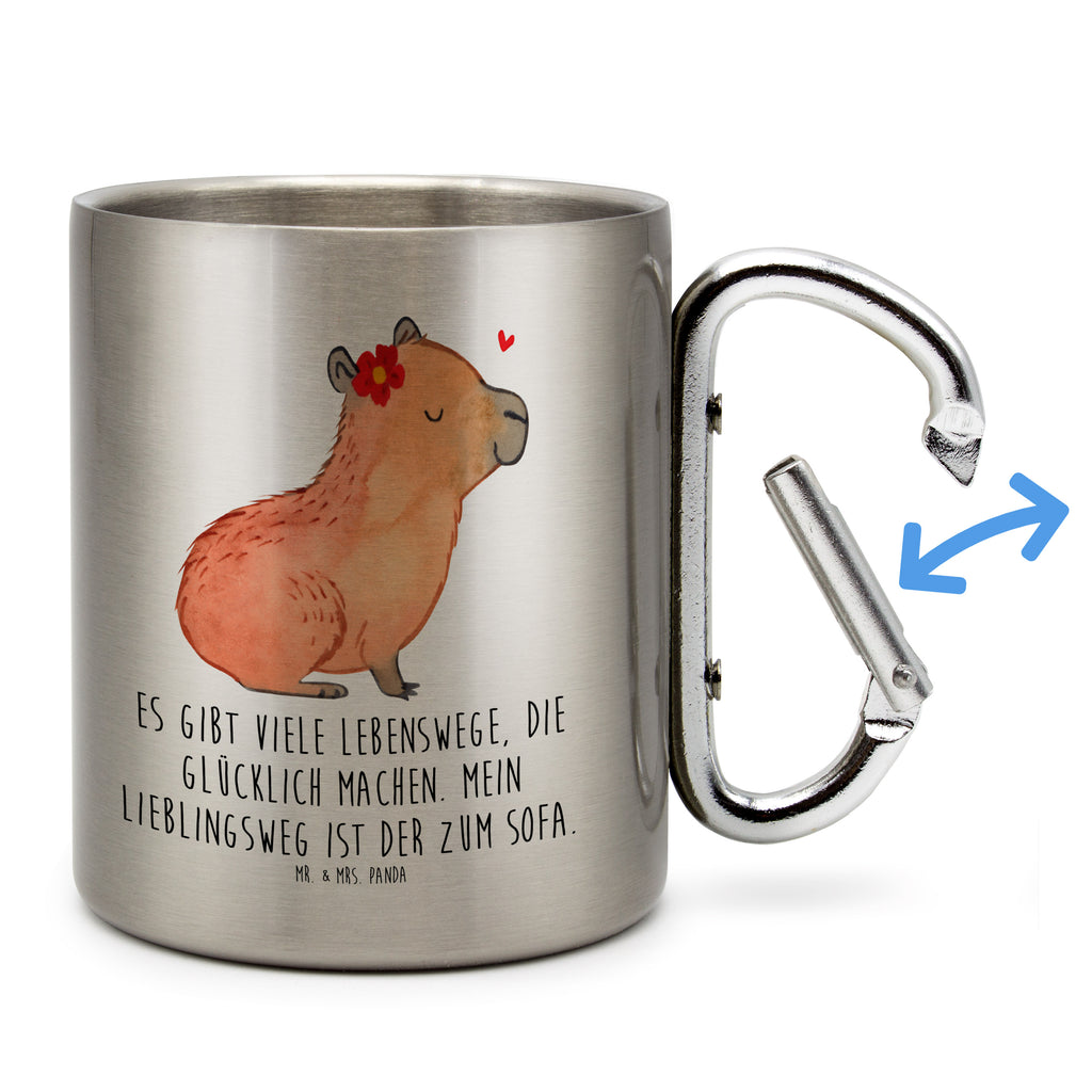 Edelstahlbecher Capybara Blume Edelstahltasse, Karabiner, Edelstahlbecher, Outdoor, Camping, Tasse, Becher, Tiermotive, Gute Laune, lustige Sprüche, Tiere, Capybara