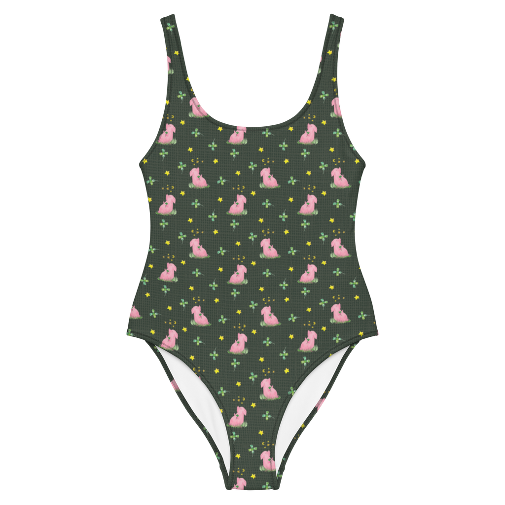 Badeanzug Schwein Glück Muster Badebekleidung, Bademode, Badeanzug, Swimsuit, Rückenfreier Badeanzug, Luxus-Bademode, Tiermotive, Gute Laune, lustige Sprüche, Tiere, Glücksschwein. Glück, Schwein, Schweinchen, Sterne, Sernchen, Ziele, Träume, Motivation, Glücksbringer