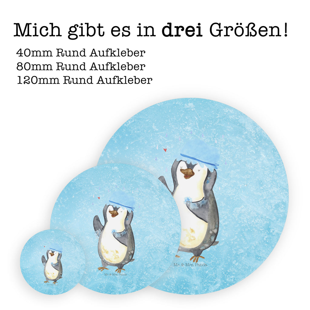 Rund Aufkleber Pinguin duscht Sticker, Aufkleber, Etikett, Kinder, rund, Pinguin, Pinguine, Dusche, duschen, Lebensmotto, Motivation, Neustart, Neuanfang, glücklich sein