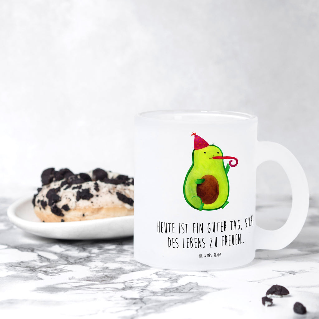 Teetasse Avocado Partyhupe Teetasse, Teeglas, Teebecher, Tasse mit Henkel, Tasse, Glas Teetasse, Teetasse aus Glas, Avocado, Veggie, Vegan, Gesund, Party, Feierlichkeit, Feier, Fete, Geburtstag, Gute Laune, Tröte