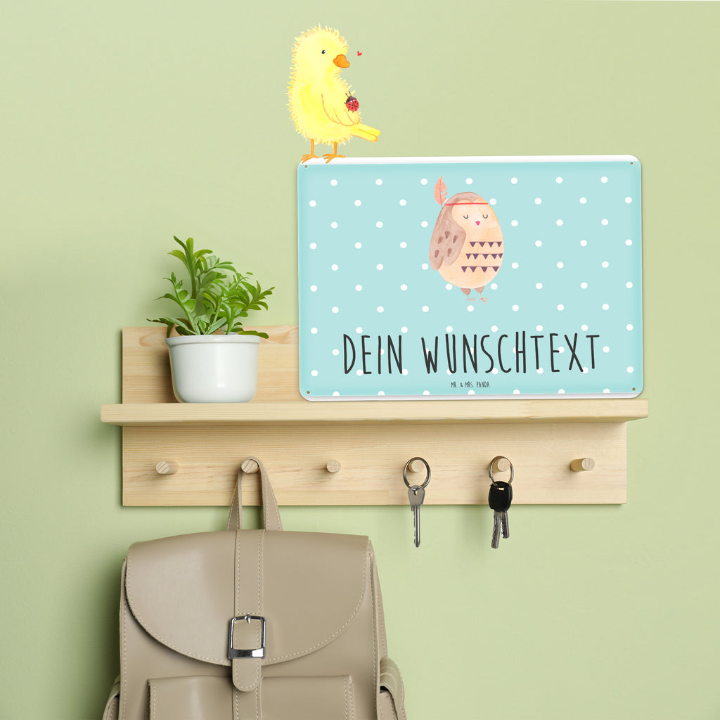 Personalisiertes Blechschild Eule Federschmuck Blechschild, Metallschild, Geschenk Schild, Schild, Magnet-Metall-Schild, Deko Schild, Wandschild, Wand-Dekoration, Türschild, Eule, Eule Deko, Owl, Das Leben ist ein Abenteuer, Reisespruch, Federschmuck, Dekoration