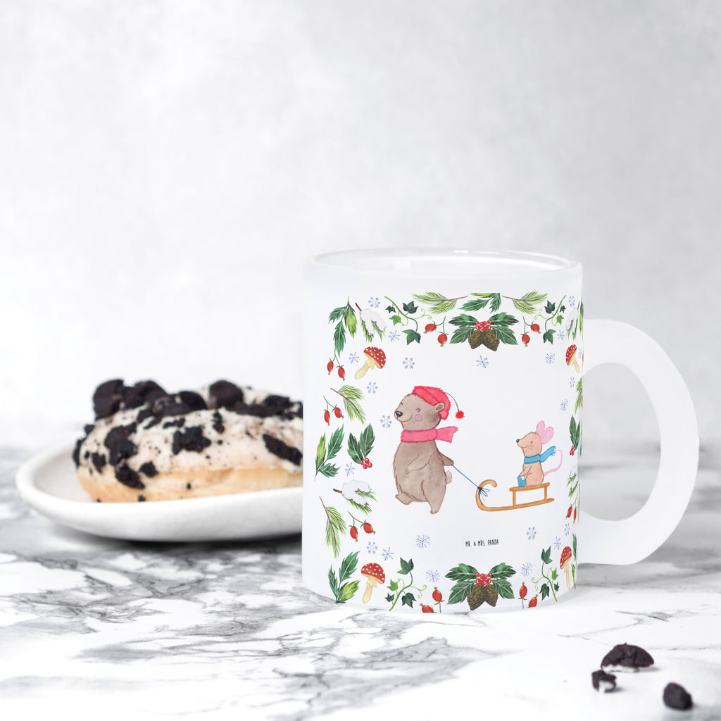 Teetasse Bär Maus Schlitten Teetasse, Teeglas, Teebecher, Tasse mit Henkel, Tasse, Glas Teetasse, Teetasse aus Glas, Winter, Weihnachten, Weihnachtsdeko, Nikolaus, Advent, Heiligabend, Wintermotiv