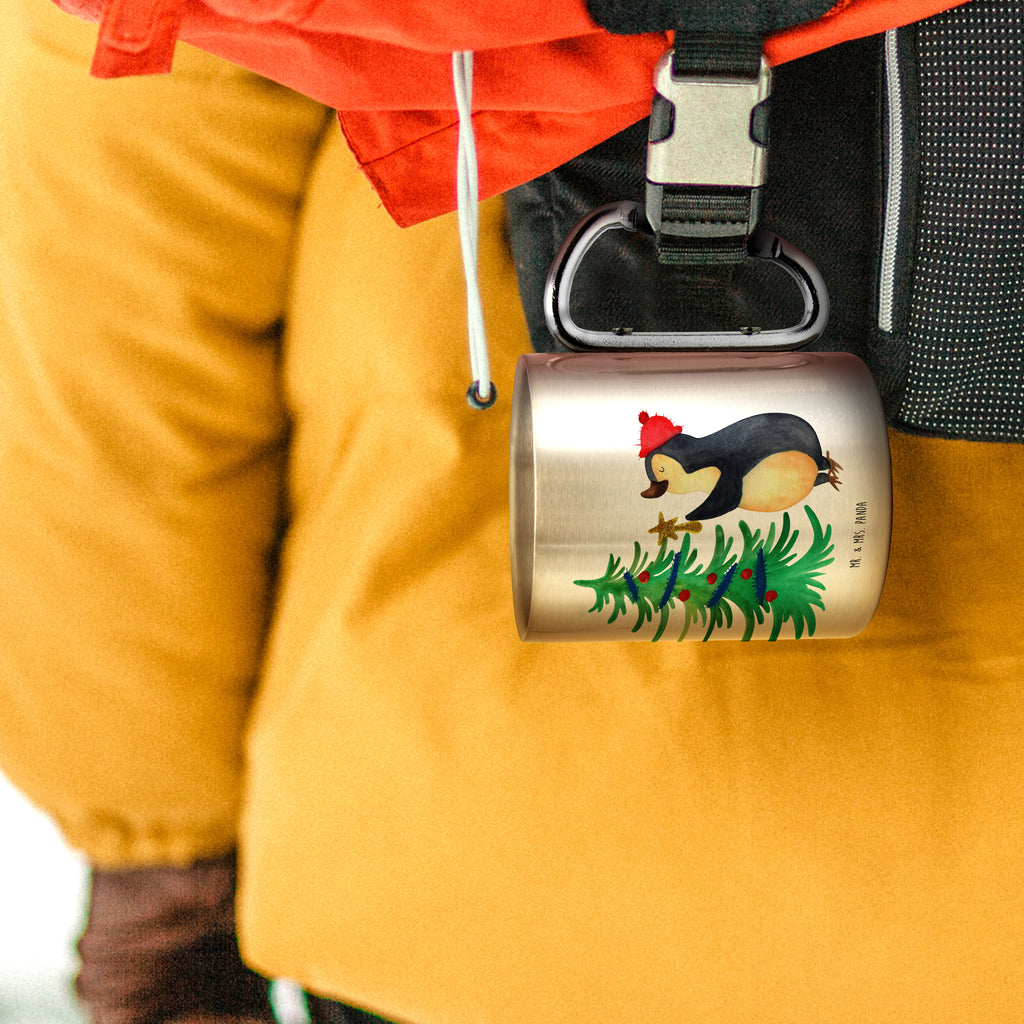 Edelstahlbecher Pinguin Weihnachtsbaum Edelstahltasse, Karabiner, Edelstahlbecher, Outdoor, Camping, Tasse, Becher, Winter, Weihnachten, Weihnachtsdeko, Nikolaus, Advent, Heiligabend, Wintermotiv, Pinguin