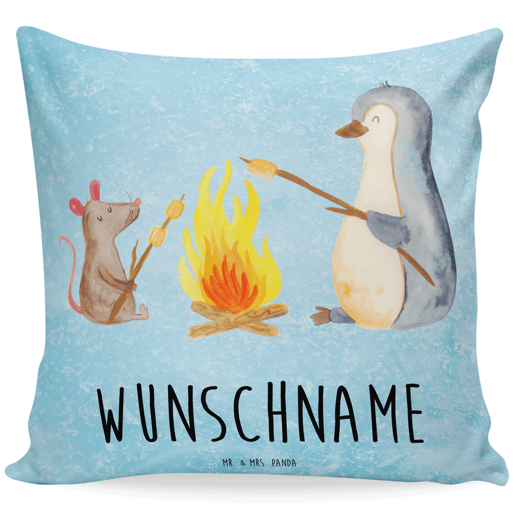 Personalisiertes Kissen Pinguin Lagerfeuer Kissen, personalisiert, Name, Wunschname, bedrucken, Kopfkissen, Pinguin, Maus, Pinguine, Lagerfeuer, Leben, Arbeit, Job, Motivation, Büro, Büroalltag, Lebensspruch, Lebensmotivation, Neustart, Liebe, grillen, Feuer, Marshmallows