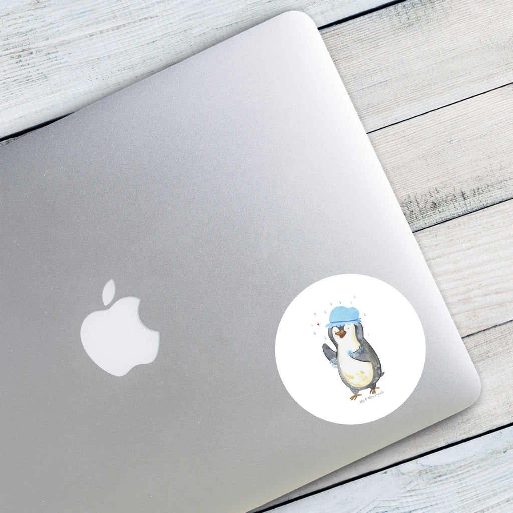 Rund Aufkleber Pinguin duscht Sticker, Aufkleber, Etikett, Pinguin, Pinguine, Dusche, duschen, Lebensmotto, Motivation, Neustart, Neuanfang, glücklich sein