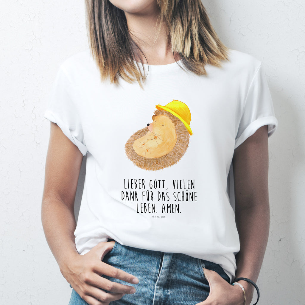 T-Shirt Standard Igel betet T-Shirt, Shirt, Tshirt, Lustiges T-Shirt, T-Shirt mit Spruch, Party, Junggesellenabschied, Jubiläum, Geburstag, Herrn, Damen, Männer, Frauen, Schlafshirt, Nachthemd, Sprüche, Tiermotive, Gute Laune, lustige Sprüche, Tiere, Igel, Igel mit Hut, Sonnenhut, Gott, Amen, beten, Leben, Dankbarkeit, Dankbar sein, dankbar, genießen