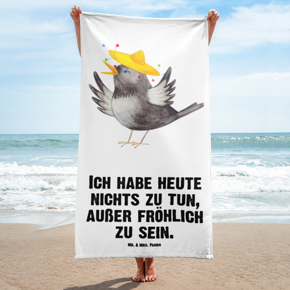 XL Badehandtuch Rabe Sombrero Handtuch, Badetuch, Duschtuch, Strandtuch, Saunatuch, Tiermotive, Gute Laune, lustige Sprüche, Tiere, Rabe, Vogel, Vögel, Spruch positiv, fröhlich sein, glücklich sein, Glück Spruch, froh, Elster, Motivation