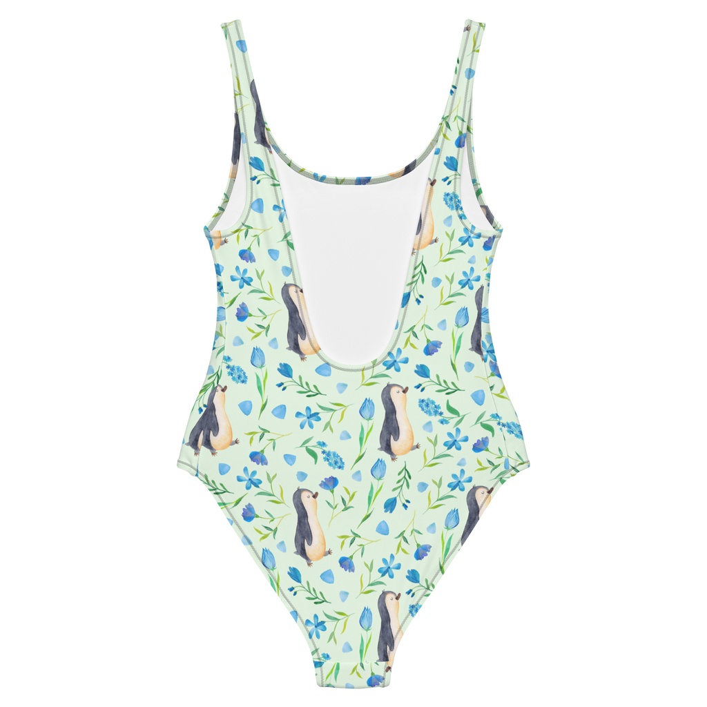 Badeanzug Pinguinliebe Design Badebekleidung, Bademode, Badeanzug, Swimsuit, Rückenfreier Badeanzug, Luxus-Bademode, Aquarell, Pinguin, Pinguine, Blumen, Blaue Blumen, Muster