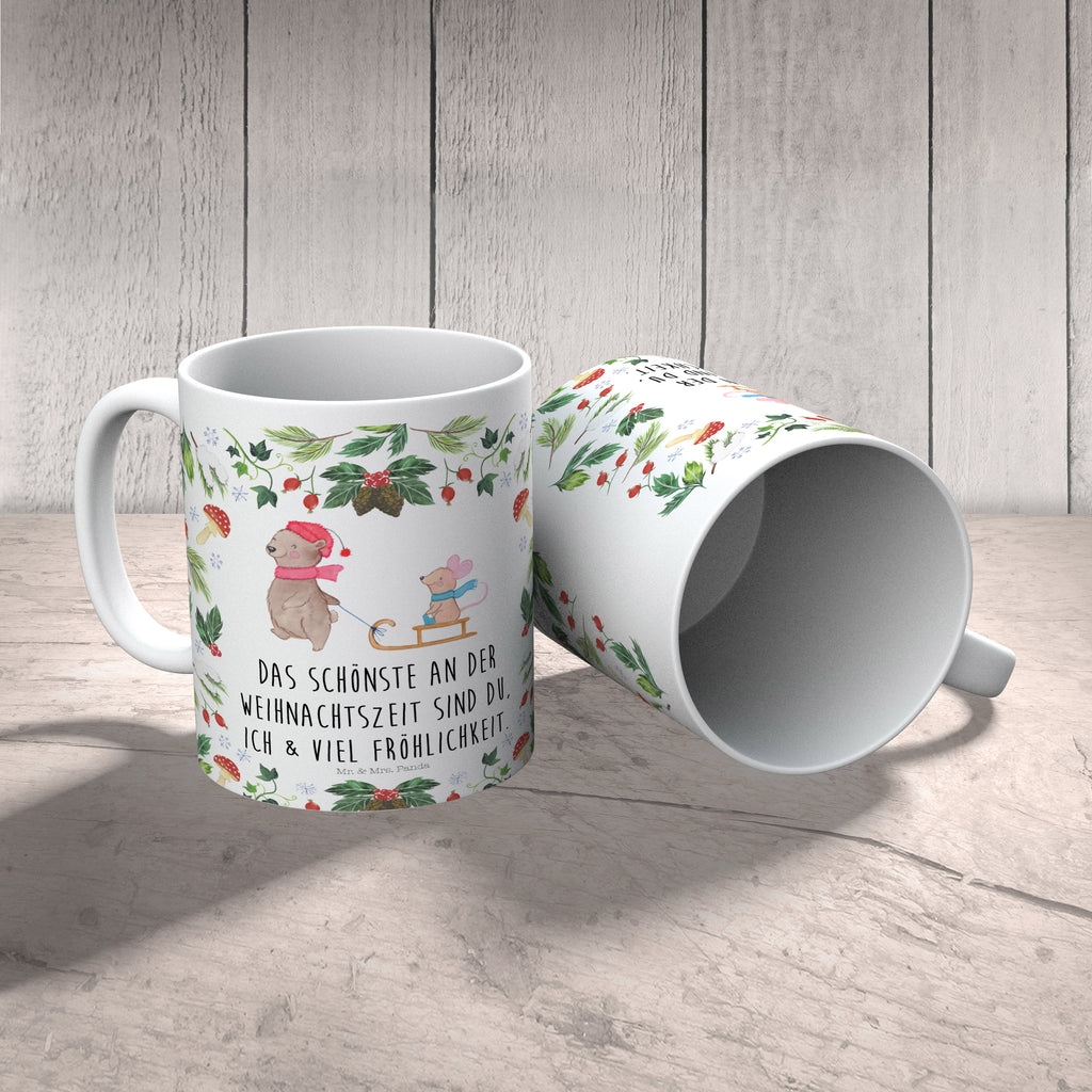 Tasse Bär Maus Schlitten Tasse, Kaffeetasse, Teetasse, Becher, Kaffeebecher, Teebecher, Keramiktasse, Porzellantasse, Büro Tasse, Geschenk Tasse, Tasse Sprüche, Tasse Motive, Winter, Weihnachten, Weihnachtsdeko, Nikolaus, Advent, Heiligabend, Wintermotiv