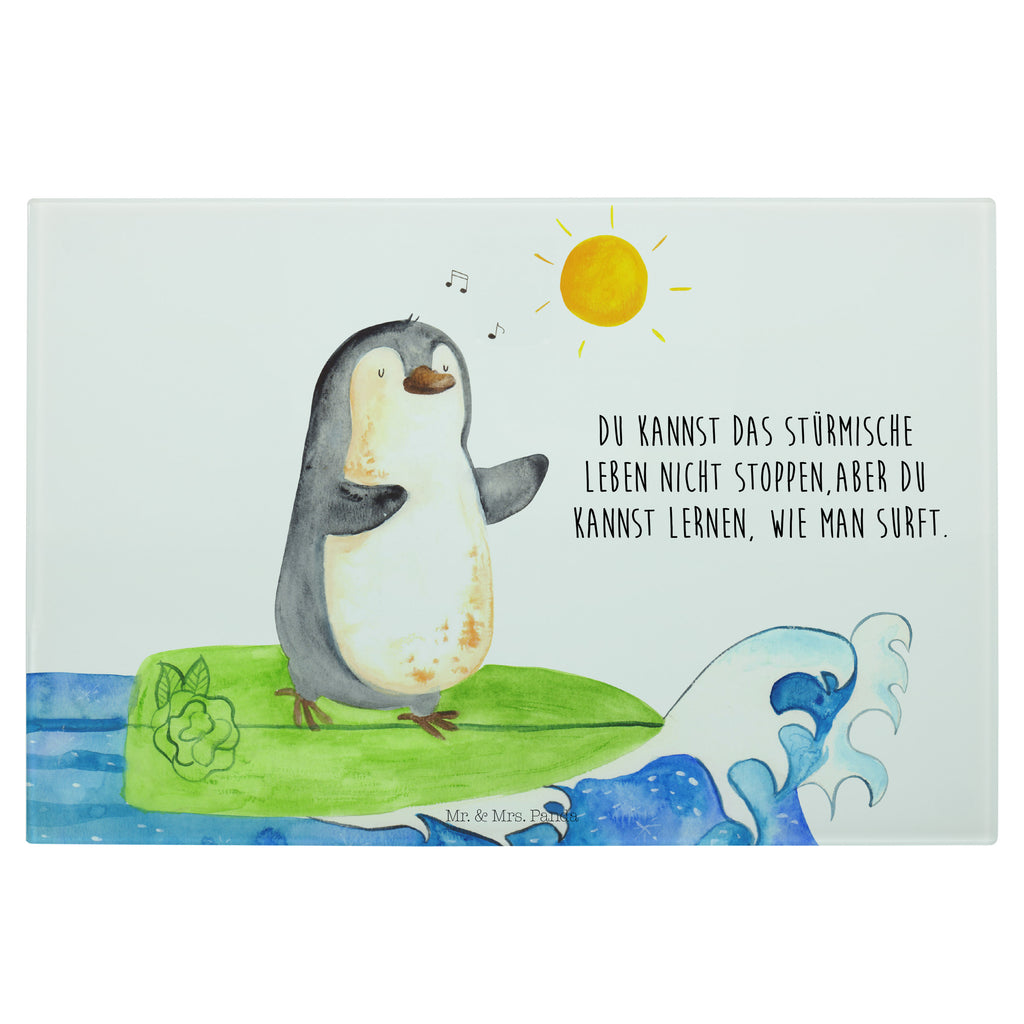 Glasschneidebrett Pinguin Surfer Glasschneidebrett, Schneidebrett, Frühstücksbrett, Küche, Pinguin, Pinguine, surfen, Surfer, Hawaii, Urlaub, Wellen, Wellen reiten, Portugal