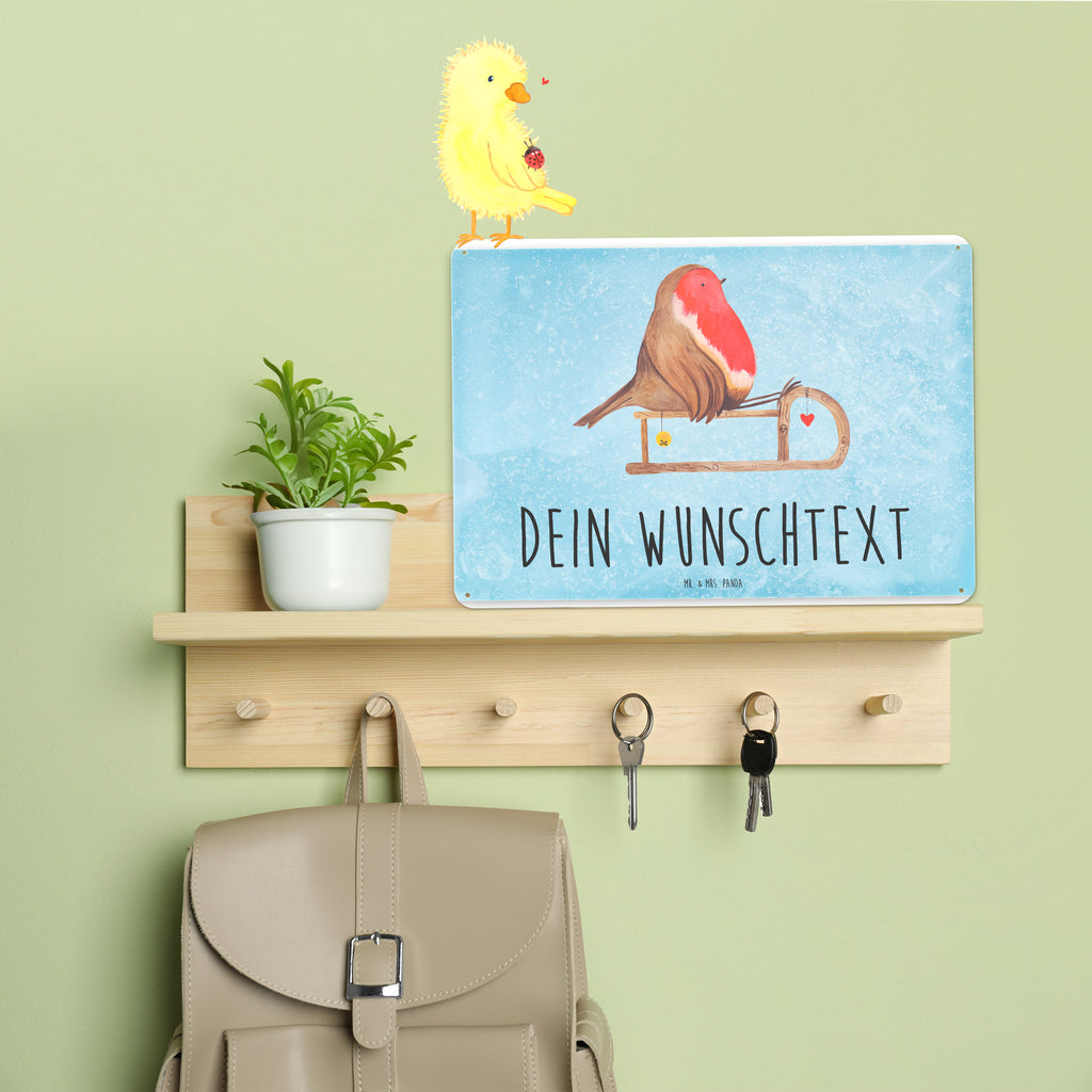 Personalisiertes Blechschild Rotkehlchen Schlitten Blechschild, Metallschild, Geschenk Schild, Schild, Magnet-Metall-Schild, Deko Schild, Wandschild, Wand-Dekoration, Türschild, Winter, Weihnachten, Weihnachtsdeko, Nikolaus, Advent, Heiligabend, Wintermotiv, Schlitten, Vogel