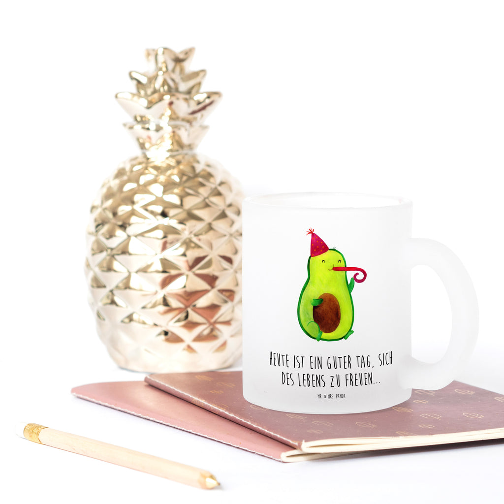 Teetasse Avocado Partyhupe Teetasse, Teeglas, Teebecher, Tasse mit Henkel, Tasse, Glas Teetasse, Teetasse aus Glas, Avocado, Veggie, Vegan, Gesund, Party, Feierlichkeit, Feier, Fete, Geburtstag, Gute Laune, Tröte