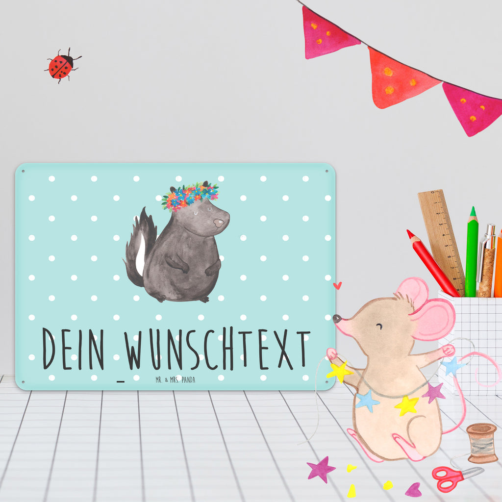 Personalisiertes Blechschild Stinktier Blumenmaedchen Blechschild, Metallschild, Geschenk Schild, Schild, Magnet-Metall-Schild, Deko Schild, Wandschild, Wand-Dekoration, Türschild, Stinktier, Skunk, Wildtier, Raubtier, Stinker, Stinki, Yoga, Namaste, Lebe, Liebe, Lache