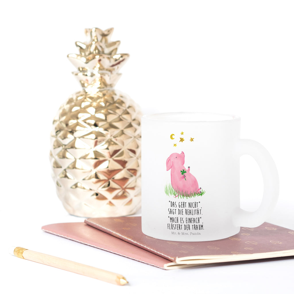 Teetasse Glücksschwein Teetasse, Teeglas, Teebecher, Tasse mit Henkel, Tasse, Glas Teetasse, Teetasse aus Glas, Tiermotive, Gute Laune, lustige Sprüche, Tiere, Glücksschwein. Glück, Schwein, Schweinchen, Sterne, Sernchen, Ziele, Träume, Motivation, Glücksbringer