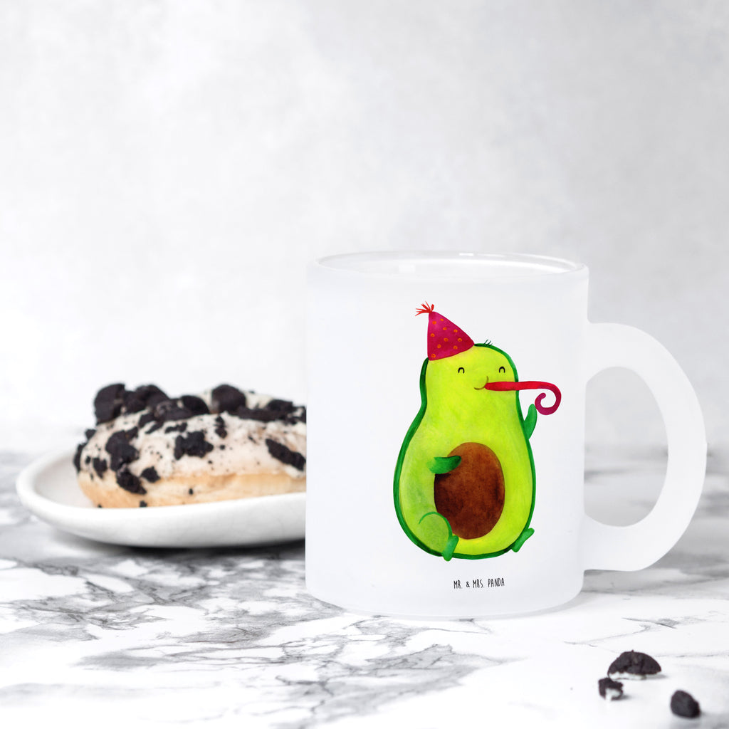 Teetasse Avocado Partyhupe Teetasse, Teeglas, Teebecher, Tasse mit Henkel, Tasse, Glas Teetasse, Teetasse aus Glas, Avocado, Veggie, Vegan, Gesund, Party, Feierlichkeit, Feier, Fete, Geburtstag, Gute Laune, Tröte