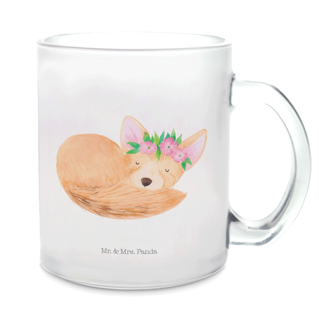 Teetasse Wüstenfuchs Blumenkranz Teetasse, Teeglas, Teebecher, Tasse mit Henkel, Tasse, Glas Teetasse, Teetasse aus Glas, Afrika, Wildtiere, Wüste, Wüstenfuchs, Blumen, Blumenkranz, Glücklich