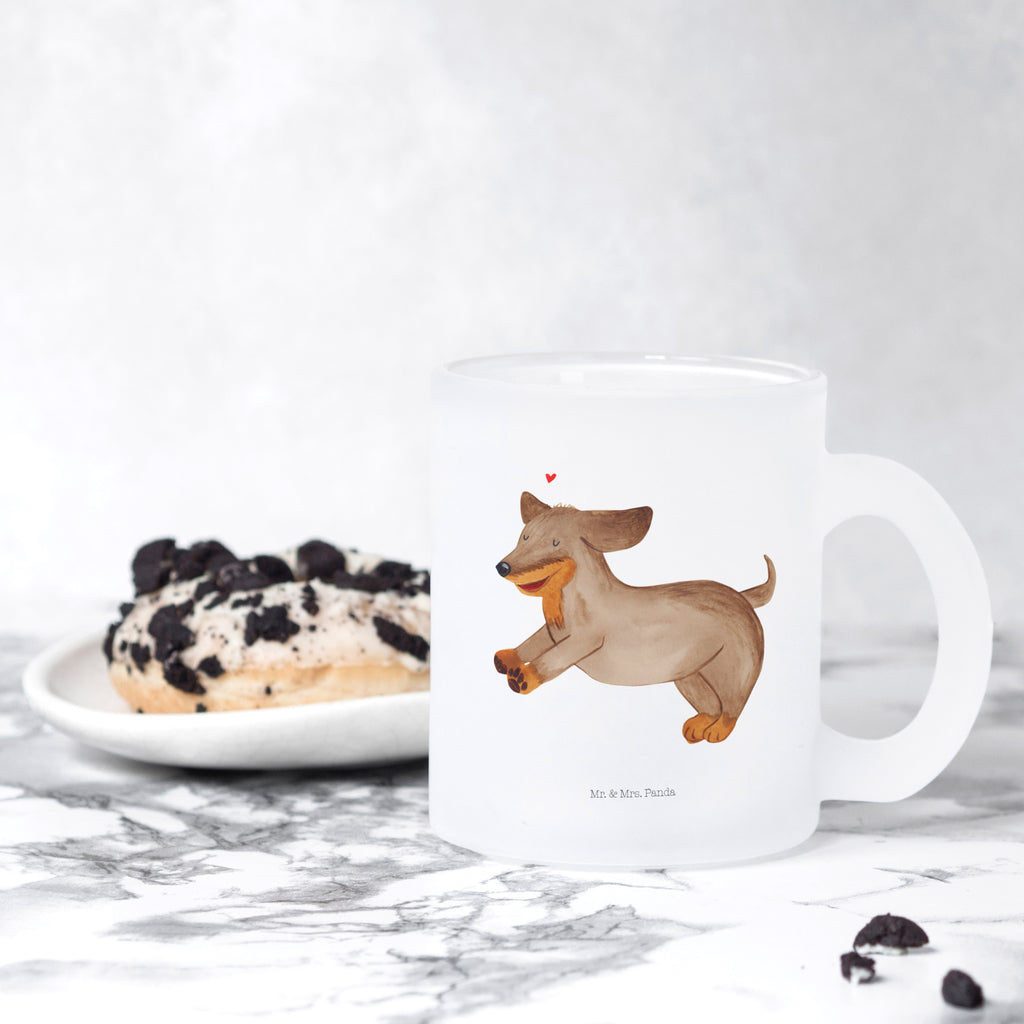 Teetasse Hund Dackel fröhlich Teetasse, Teeglas, Teebecher, Tasse mit Henkel, Tasse, Glas Teetasse, Teetasse aus Glas, Hund, Hundemotiv, Haustier, Hunderasse, Tierliebhaber, Hundebesitzer, Sprüche, Hunde, Dackel, Dachshund, happy dog