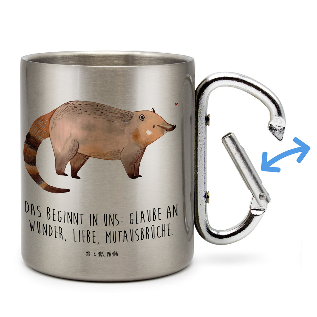 Edelstahlbecher Nasenbaer Edelstahltasse, Karabiner, Edelstahlbecher, Outdoor, Camping, Tasse, Becher, Tiermotive, Gute Laune, lustige Sprüche, Tiere, Nasenbär, Nasenbären, Rüsselbär, Bär