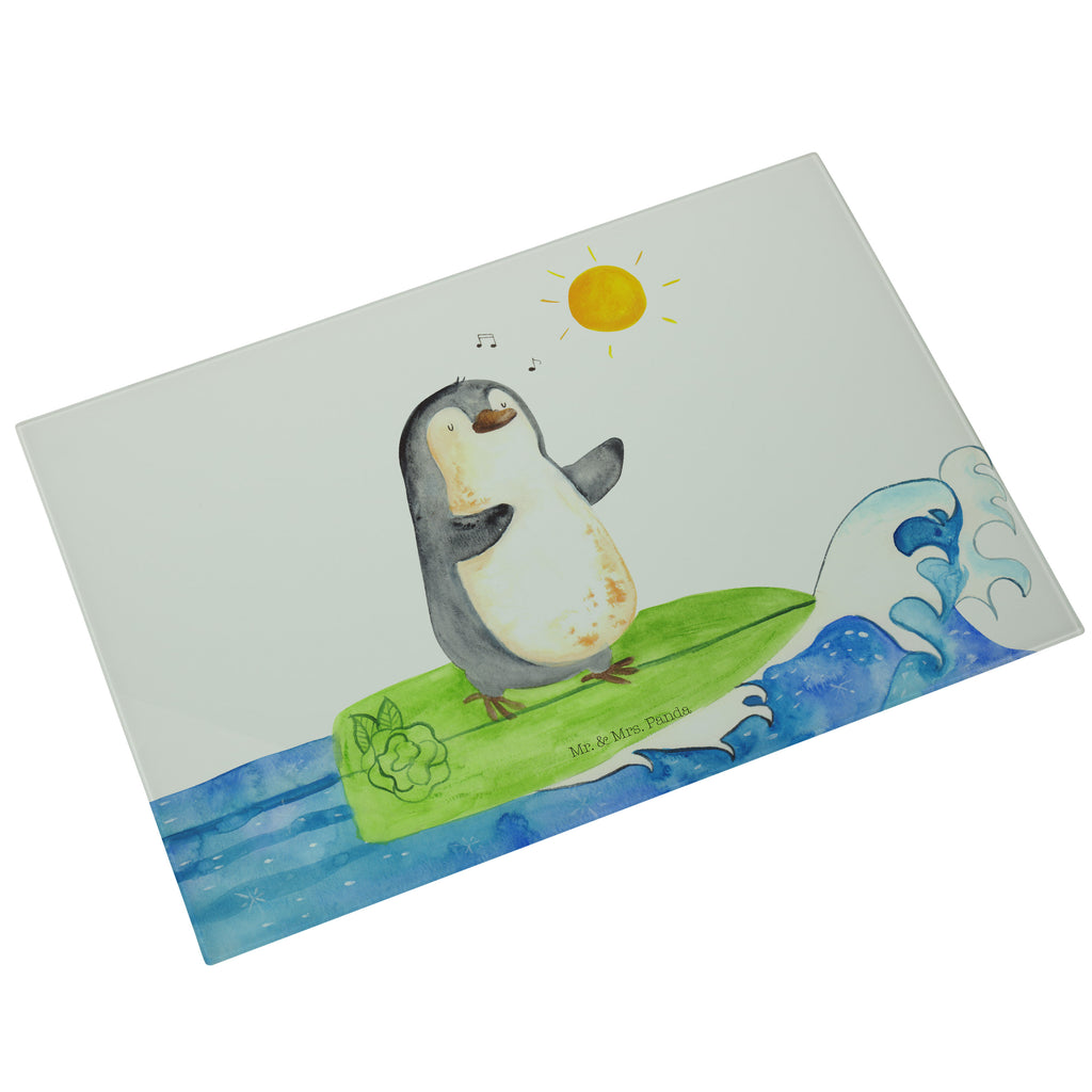 Glasschneidebrett Pinguin Surfer Glasschneidebrett, Schneidebrett, Frühstücksbrett, Küche, Pinguin, Pinguine, surfen, Surfer, Hawaii, Urlaub, Wellen, Wellen reiten, Portugal