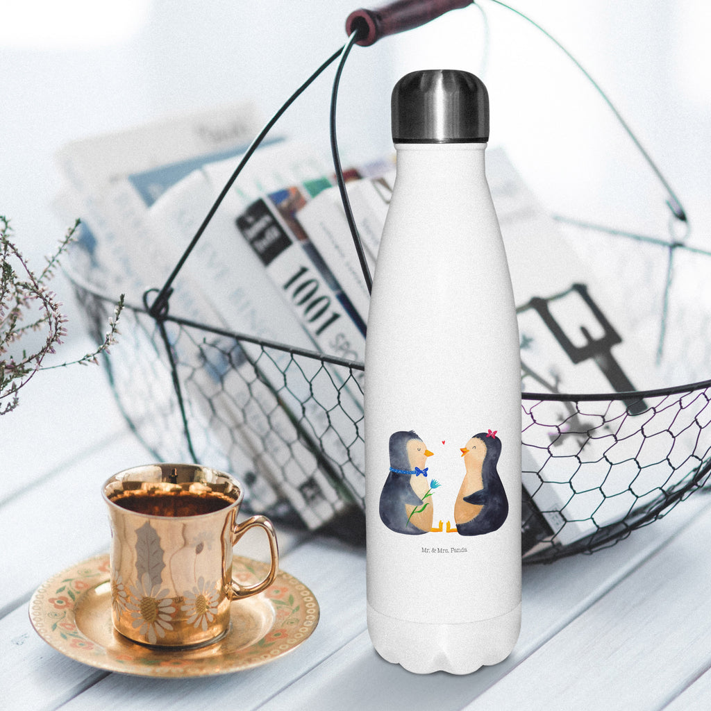 Thermosflasche Pinguin Pärchen Isolierflasche, Thermoflasche, Trinkflasche, Thermos, Edelstahl, Pinguin, Pinguine, Liebe, Liebespaar, Liebesbeweis, Liebesgeschenk, Verlobung, Jahrestag, Hochzeitstag, Hochzeit, Hochzeitsgeschenk, große Liebe, Traumpaar