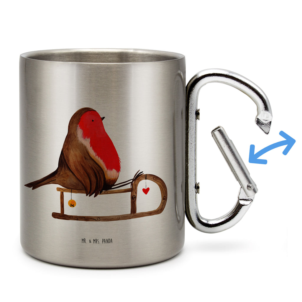 Edelstahlbecher Rotkehlchen Schlitten Edelstahltasse, Karabiner, Edelstahlbecher, Outdoor, Camping, Tasse, Becher, Winter, Weihnachten, Weihnachtsdeko, Nikolaus, Advent, Heiligabend, Wintermotiv, Schlitten, Vogel