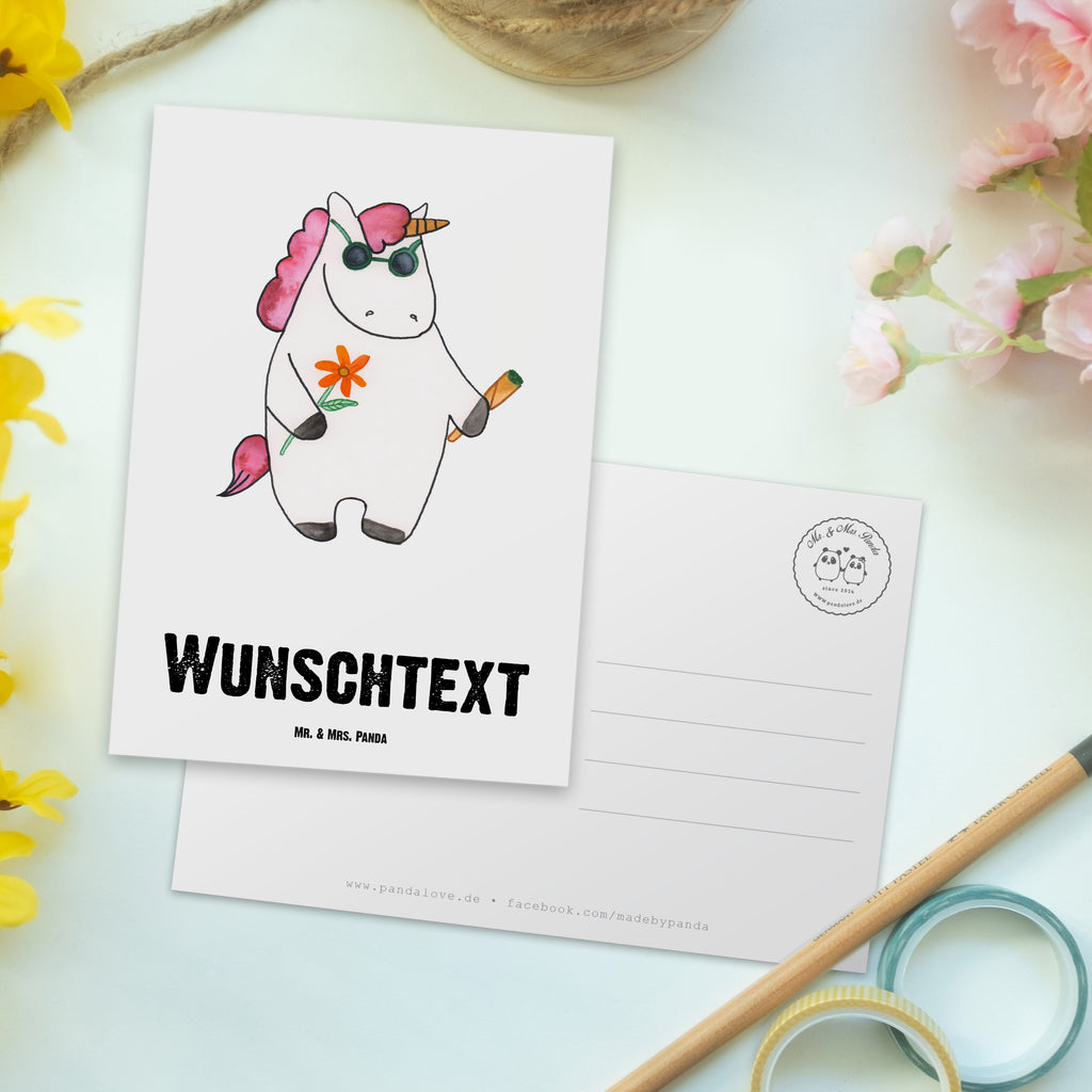 Personalisierte Postkarte Einhorn Woodstock Postkarte mit Namen, Postkarte bedrucken, Postkarte mit Wunschtext, Postkarte personalisierbar, Geschenkkarte mit Namen, Grußkarte mit Namen, Karte mit Namen, Einladung mit Namen, Ansichtskarte mit Namen, Geschenkkarte mit Wunschtext, Grußkarte mit Wunschtext, Karte mit Wunschtext, Einladung mit Wunschtext, Ansichtskarte mit Wunschtext, Einhorn, Einhörner, Einhorn Deko, Pegasus, Unicorn, Kiffen, Joint, Zigarette, Alkohol, Party, Spaß. lustig, witzig, Woodstock