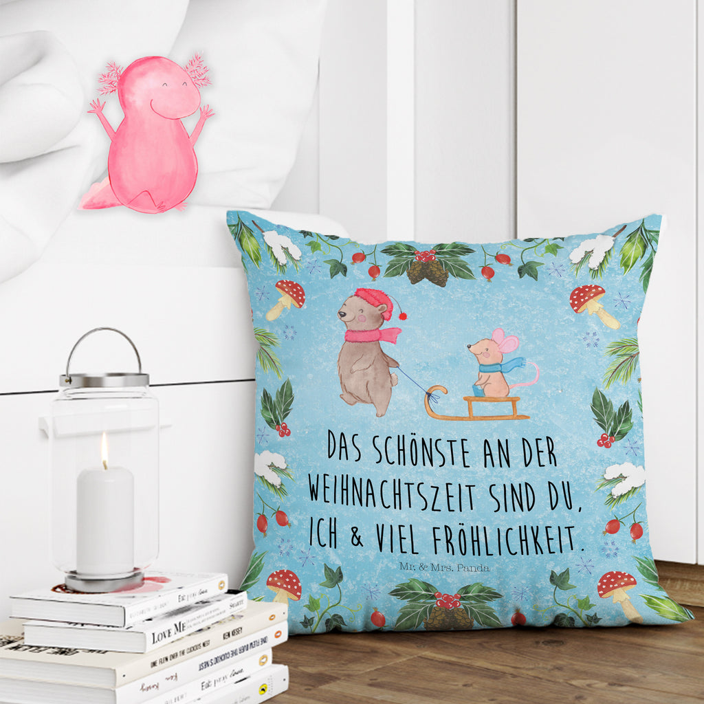 40x40 Kissen Bär Maus Schlitten Kissenhülle, Kopfkissen, Sofakissen, Dekokissen, Motivkissen, Winter, Weihnachten, Weihnachtsdeko, Nikolaus, Advent, Heiligabend, Wintermotiv