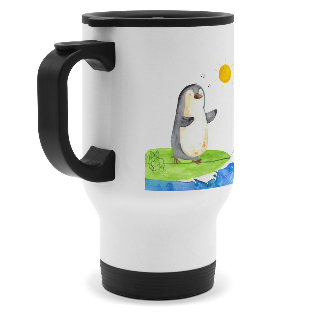 Thermobecher Pinguin Surfer Thermobecher, To Go Becher, Thermotasse, Kaffeebecher, Isolierbecher, Thermobecher To Go, Warmhaltetasse, Edelstahlbecher, Reisebecher, Tasse mit Deckel, Thermobecher für 400 ml, Kaffeetasse zum Mitnehmen, Tasse zum Mitnehmen, Spülmaschinenfest, Pinguin, Pinguine, surfen, Surfer, Hawaii, Urlaub, Wellen, Wellen reiten, Portugal