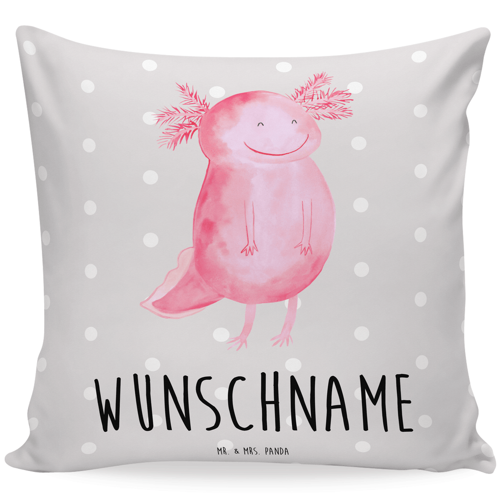 Personalisiertes Kissen Axolotl glücklich Kissen, personalisiert, Name, Wunschname, bedrucken, Kopfkissen, Axolotl, Molch, Axolot, Schwanzlurch, Lurch, Lurche, Motivation, gute Laune